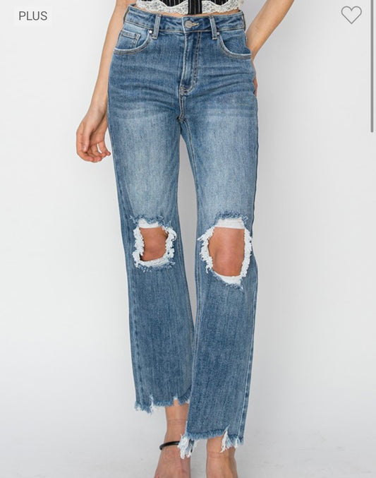 Risen Distressed Staight Leg Crop Jeans